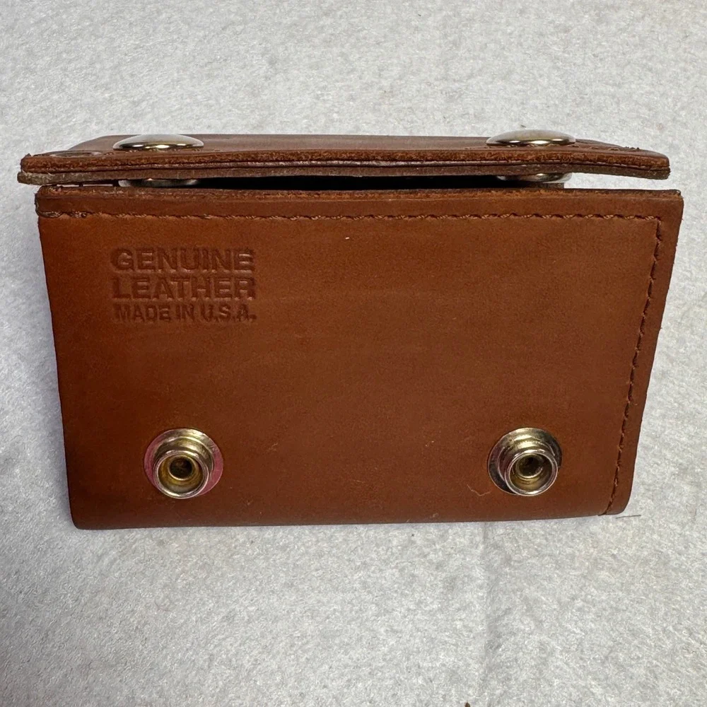Genuine Leather Trifold Trucker Wallet Tan Brown Made in USA Snap‎ Closure